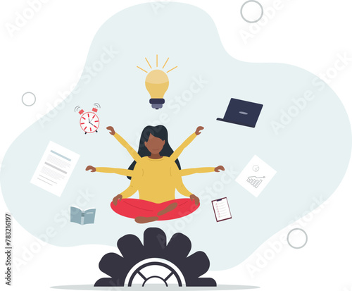 Multitasking or manage project, productive woman with multiple hands handle multitasking job.flat vector illustration.