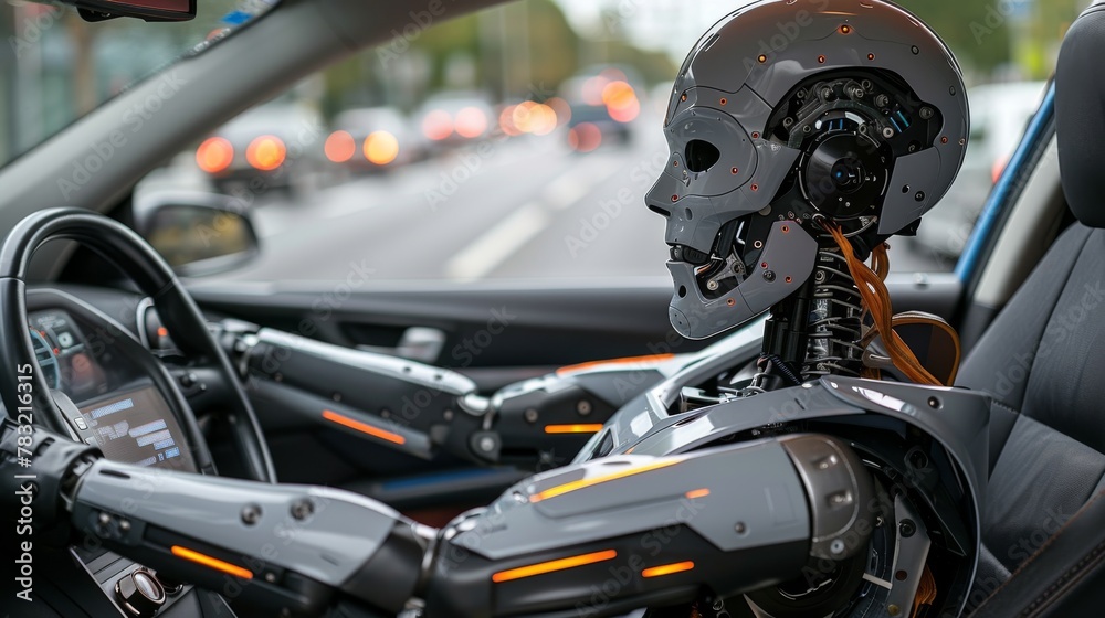 Crash test dummy secured at the driver's seat, airbag deployed, in a car during a safety simulation Crash test dummy secured at the driver's seat, airbag deployed, in a car during a safety simulation