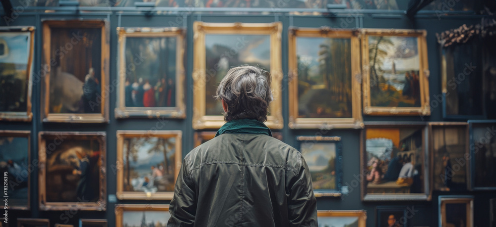 Art enthusiast gazing at paintings in museum gallery