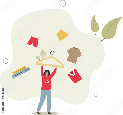 Character buying recycling eco friendly clothes and textile. Slow fashion and thrift or second hand shopping.flat vector illustration.