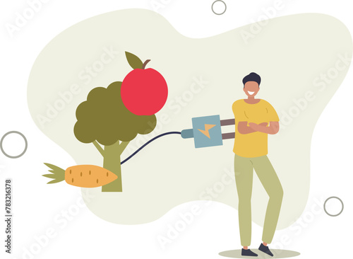 Healthy vegetables and fruits give your character energy. concept of diet and healthy eating.flat vector illustration.