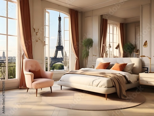 Experience the perfect blend of modern and retro in this stylish Parisian apartment bedroom, with a view of the iconic Eiffel Tower.
