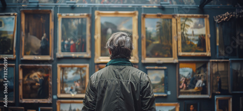 Art enthusiast gazing at paintings in museum gallery