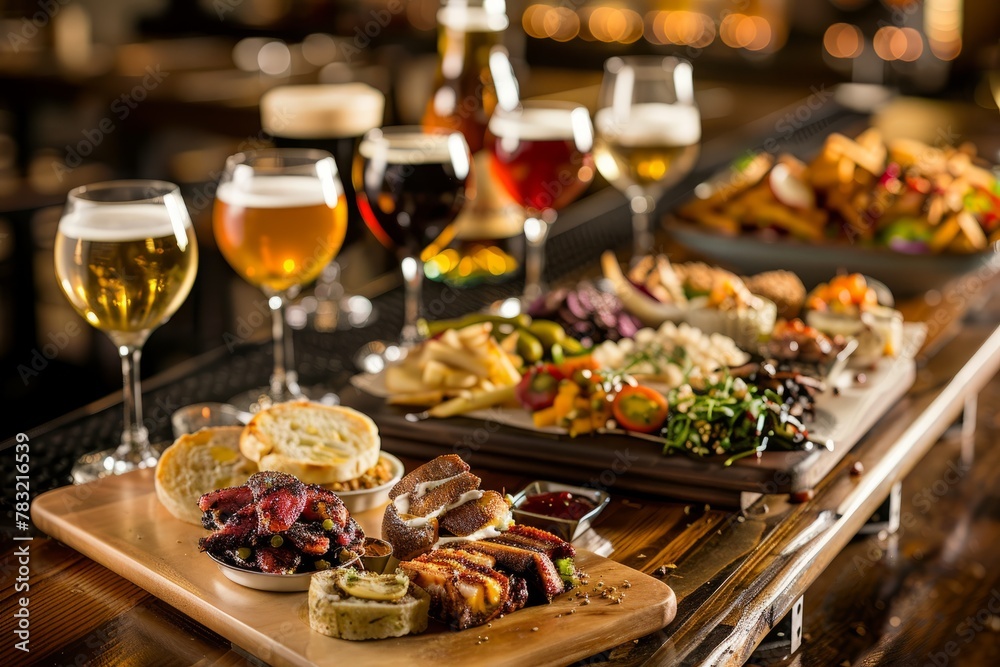 Gourmet Food and Beer Pairing Spread on Wooden Table