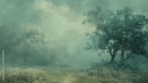 Misty forest path in ethereal morning light - This serene image captures a gentle morning with sunlight breaking through the fog, illuminating the forest and a meandering path