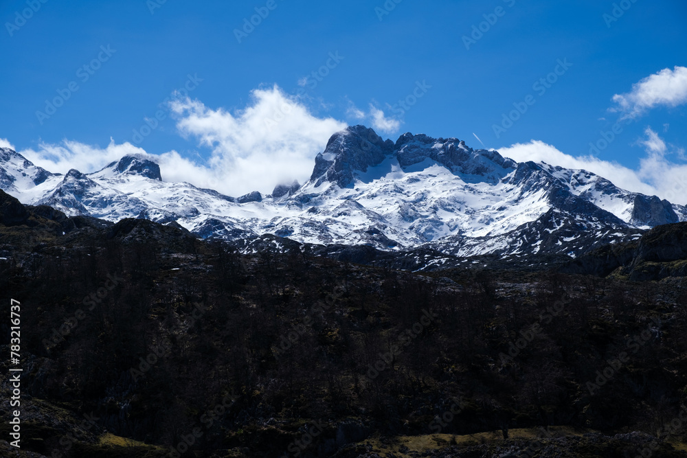 A snow-covered mountain range in the distance, featuring the majestic Picos de Europa mountains in Asturias. The snow-capped peaks stand out against the sky, creating a striking landscape.
