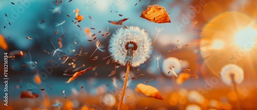 In this conceptual image, dandelion seeds are blowing in the wind against a summer field background, representing change, growth, movement, and direction.
