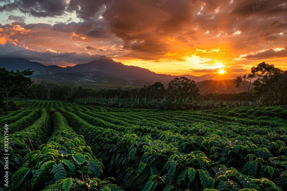 Coffee Plantation at Dusk with Colorful Sky