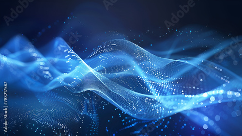 glowing particles in empty space , Futuristic blue background with depth of field and bokeh ,Digital dynamic wave of particles,Abstract blue glowing waves from particles and dots energy magical future