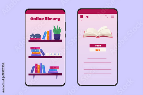 Internet library in cartoon style. Library on your phone