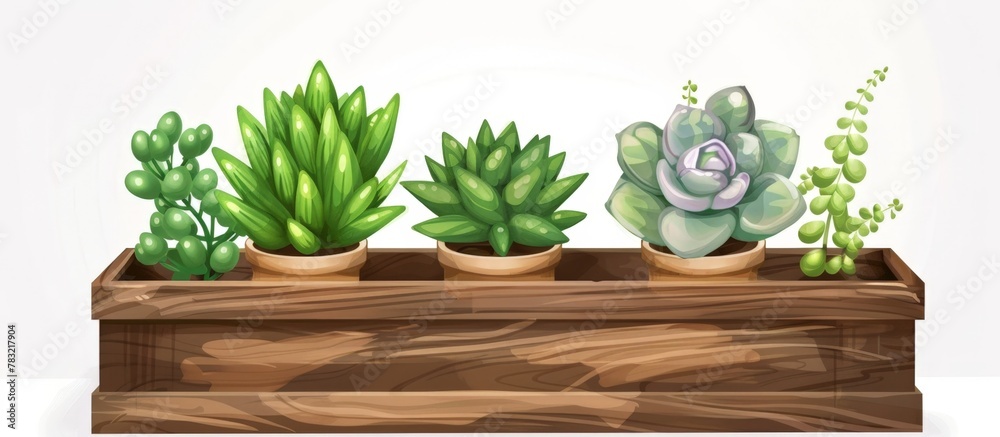 Wooden box containing a diverse selection of beautiful succulents and plants arranged neatly Wooden box containing a diverse selection of beautiful succulents and plants arranged neatly