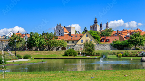 Beautiful Almedalen garden just outside the city walls of Visby, Gotland island Sweden