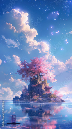 Mystical floating island with cherry blossoms - Dreamy artwork portraying an island with a traditional structure amidst cherry blossoms, floating above tranquil waters