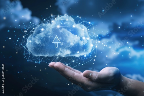 Cloud and edge computing technology concepts with cybersecurity data protection. Icon and abstract cloud above the prominent right hand. polygons connected on a dark blue background.