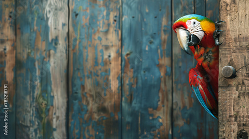 macaw peeks from behind a shabby wooden corner, against a solid background with copy space photo