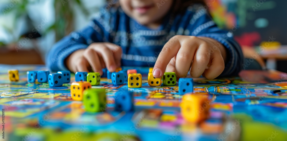 Child playing with colorful dice on board game Child playing with colorful dice on board game