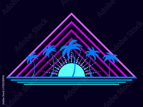 Palm trees in the style of line art in the style of the 80s. Tropical silhouettes of palm trees at sunset, purple and blue colors. Design for banners and posters. Vector illustration