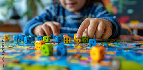 Child playing with colorful dice on board game