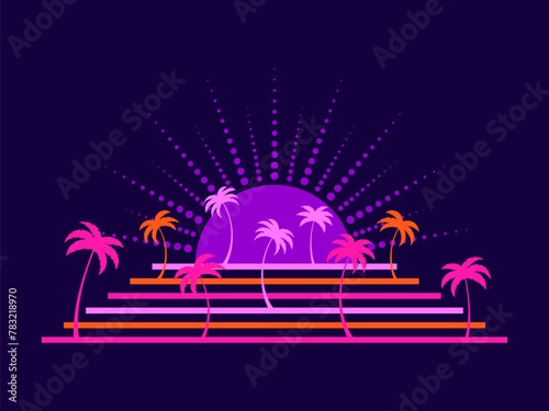 Palm trees in the style of line art in the style of the 80s. Tropical silhouettes of palm trees at sunset, purple and pink colors. Design for banners and posters. Vector illustration
