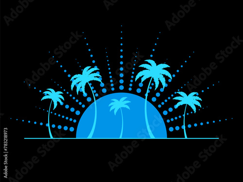 Blue silhouettes of palm trees against the background of the sun with rays of dots. Tropical silhouettes of palm trees at sunset in the style of the 90s. Vector illustration