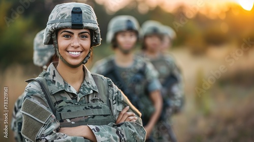 A woman in a military uniform is smiling and posing for a picture photo