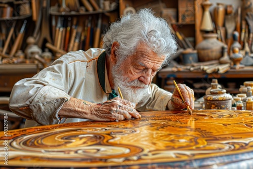 Elderly artisan with white hair  focused on hand-painting intricate designs on wood  in workshop surrounded by tools...