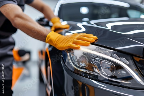 African American car care specialist polishing the windshield, Person in gloves wiping hood of black car with soap, detailing, cleaning, reflective surface, automotive care.