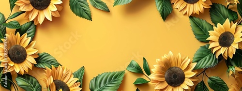 Sunflowers frame on a yellow background with copy space. © Ekaterina Chemakina