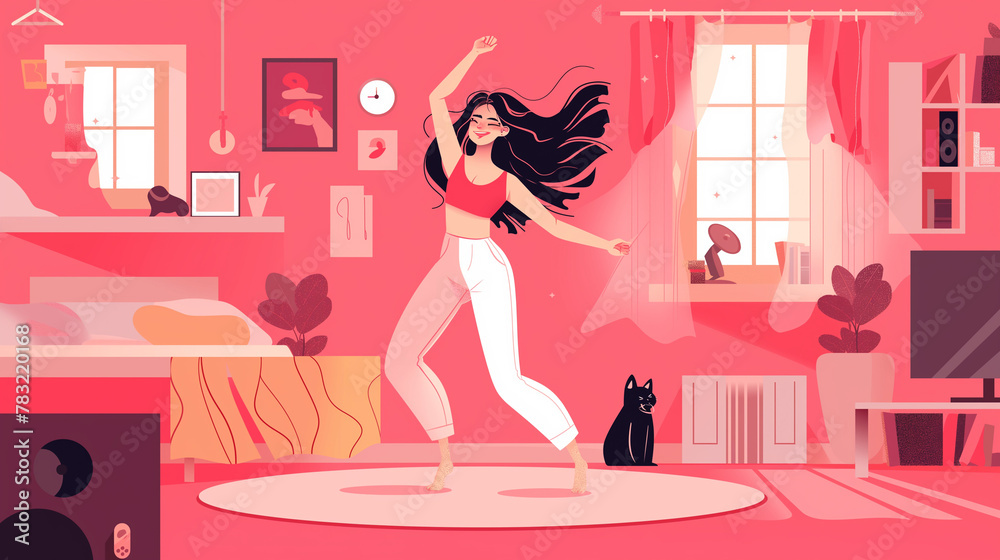 Mulher dançando em seu quarto com cores rosa - Ilustração - obrazy, fototapety, plakaty 
