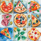 Watercolor illustration of Italian pizza and ingredients top view . Italian food menu design template.