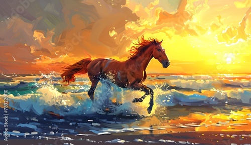 Majestic horse galloping in ocean waves at sunset, vibrant digital art. Capture the essence of freedom and nature's beauty. Ideal for decor, vibrant and lively. AI