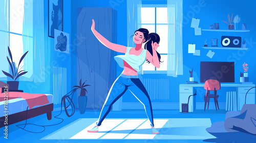 Mulher dançando em seu quarto com cores azul - Ilustração