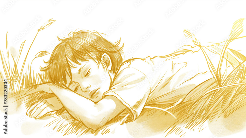 Esboço de um garoto deitado na grama dormindo - Desenho - obrazy, fototapety, plakaty 