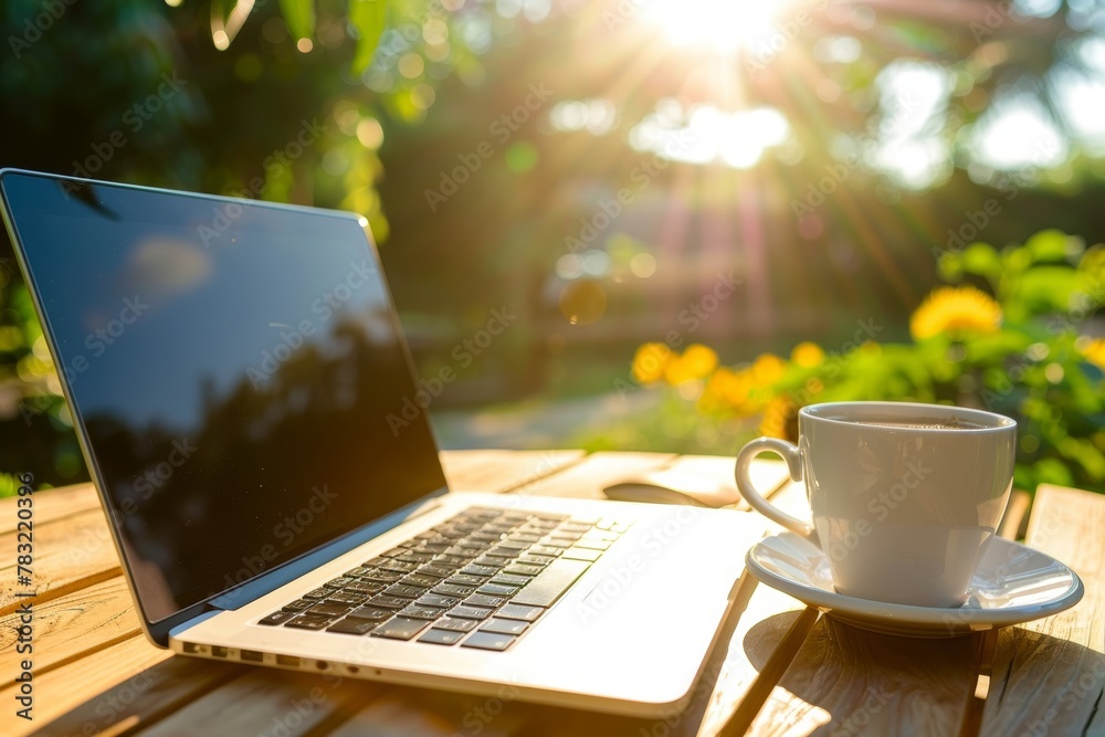 Fototapeta premium Financial business news online on laptop with coffee in sunlight, working outdoors on a sunny day