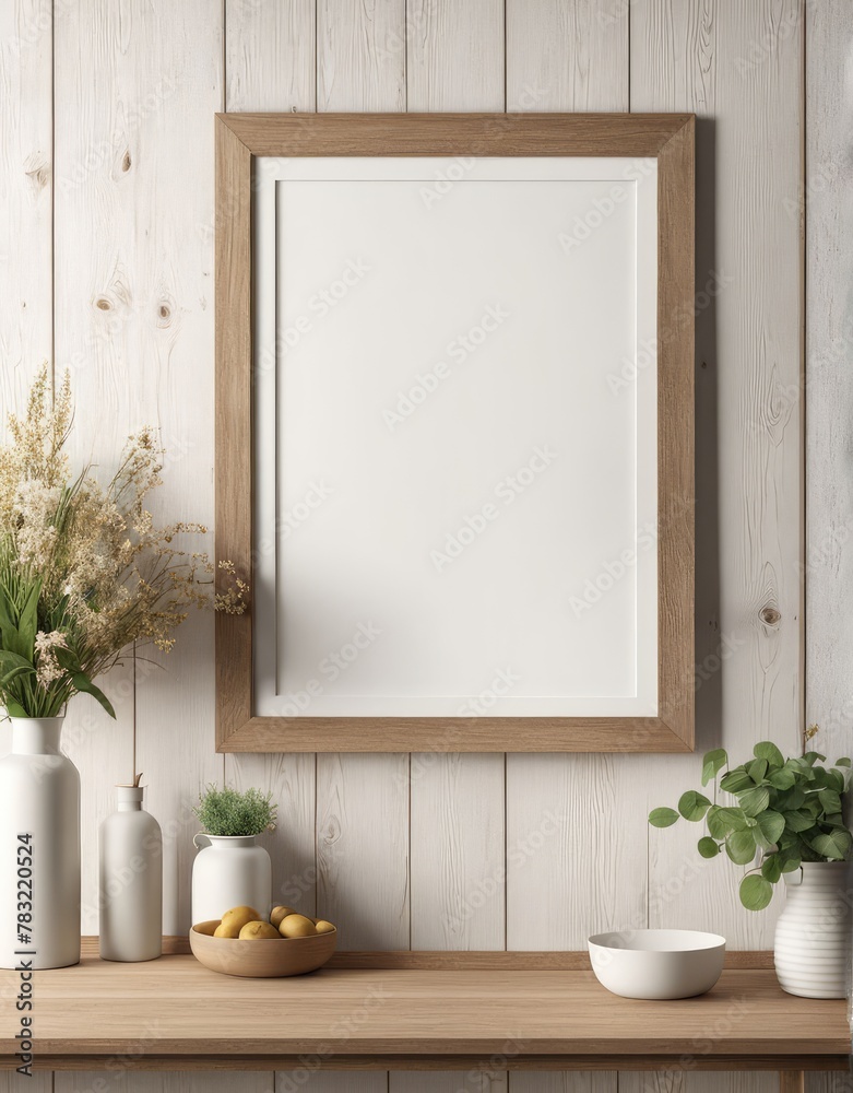 Close-up frame mockup in farmhouse interior, 3d rendering Close-up frame mockup in farmhouse interior, 3d rendering