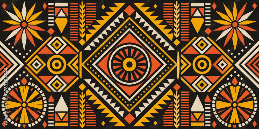 Background featuring traditional african patterns. Africa pattern design with geometric tribal elements for textile. Fabric backgrounds