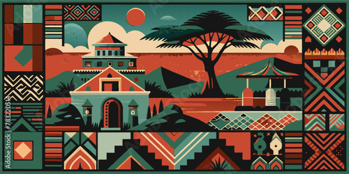 Vector panorama showcasing african landscape with traditional patterns. African background with geometric traditional pattern. Africa culture ethnic ornament for fabric or textile