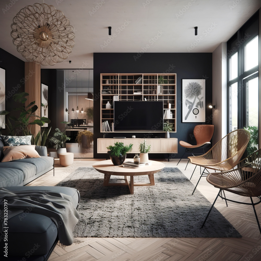 Living room interior in modern house in Scandi style.