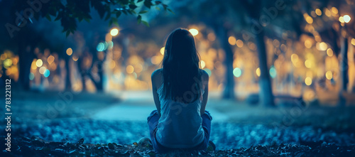 Lonely woman contemplating in night park