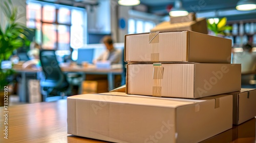 Pile of brown cardboard boxes in an office setting with blurred background. Workspace delivery concept. Simple and clean design. Office life scene. AI © Irina Ukrainets