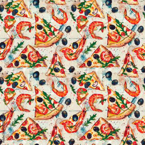 Pizza pieces seamless pattern with seafood ingredients. For design, wallpaper, logo, icon, menu, restaurant, cafe, kitchen, birthday.. Pizza food. Pizza illustration. 
