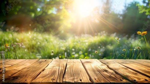 Wooden platform overlooking a vibrant sunlit meadow at sunrise. Serenity in nature, ideal for backgrounds and peaceful themes. AI