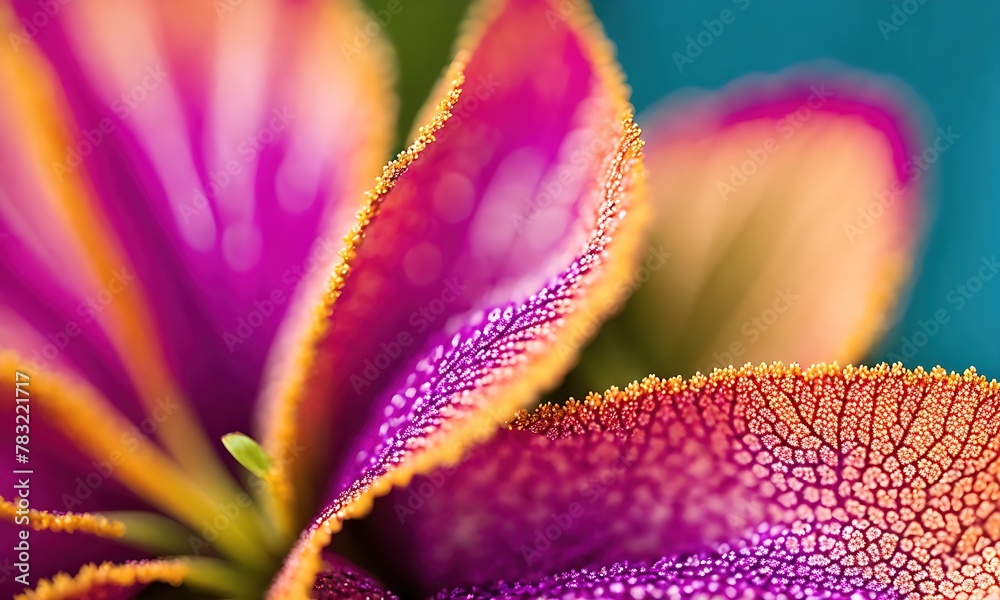 Close-up of a colorful flower with pink and yellow petals on a blue background. Close-up of a colorful flower with pink and yellow petals on a blue background.