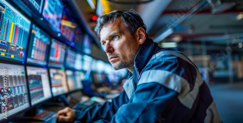 Concentrated technician at advanced control station with monitors photo