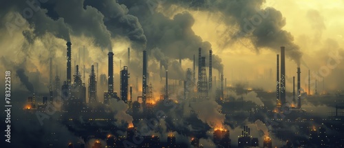 A towering oil refinery on a blighted industrial planet, its smokestacks lit by the intermittent blasts of flame, under a smog-filled sky, 3D illustration