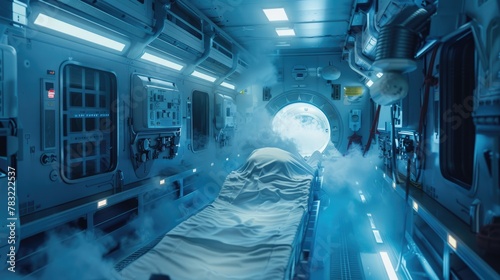 An experimental cryonics procedure being performed in zero gravity, with tools and frozen vapors illuminated by the stark, clinical light of a space station's medical bay, 3D illustration