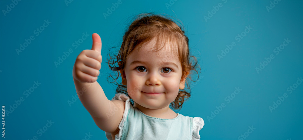 Cute little girl with thumbs up gesture on turquoise backdrop Cute little girl with thumbs up gesture on turquoise backdrop