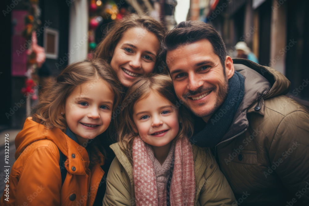 Happy family taking selfie while having fun together. Parents with two children enjoy travel, vacation in European city Happy family taking selfie while having fun together. Parents with two children enjoy travel, vacation in European city