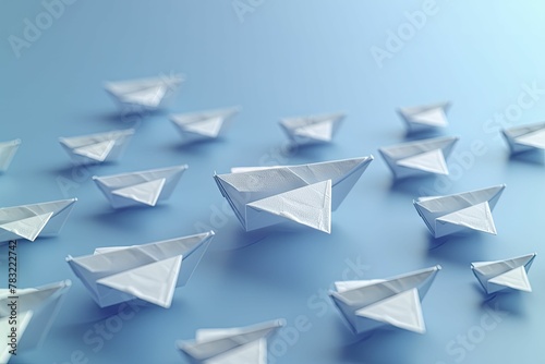 Abstract paper airplanes in formation, one leading, on sky blue background, metaphor for leadership and success in business.