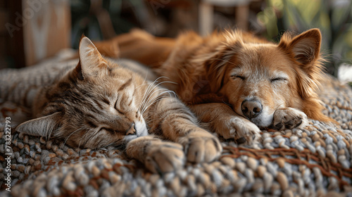 Dog and cat sleep on the same bed, sleeping together in a pack, Generative AI. photo